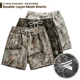 Men’s 5-in Double-Layer Camo Mesh Athletic Training Shorts (Pack of 3) - Quick Dry, Breathable, Zip Side Pockets, Back Pocket, Free Movement, Streetwear Style for Athletes, Outdoor Running, 5-Inch