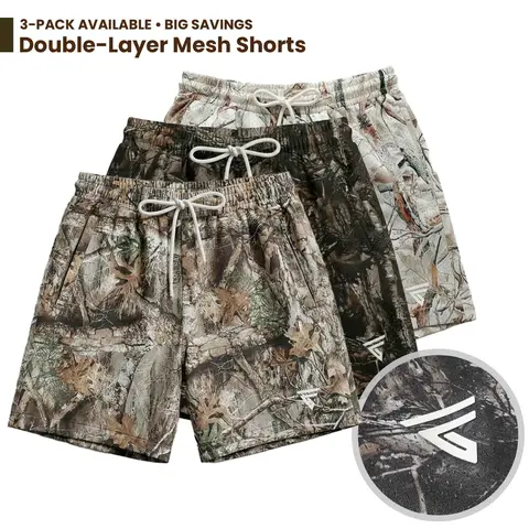 Men’s 5-in Double-Layer Camo Mesh Athletic Training Shorts (Pack of 3) - Quick Dry, Breathable, Zip Side Pockets, Back Pocket, Free Movement, Streetwear Style for Athletes, Outdoor Running, 5-Inch