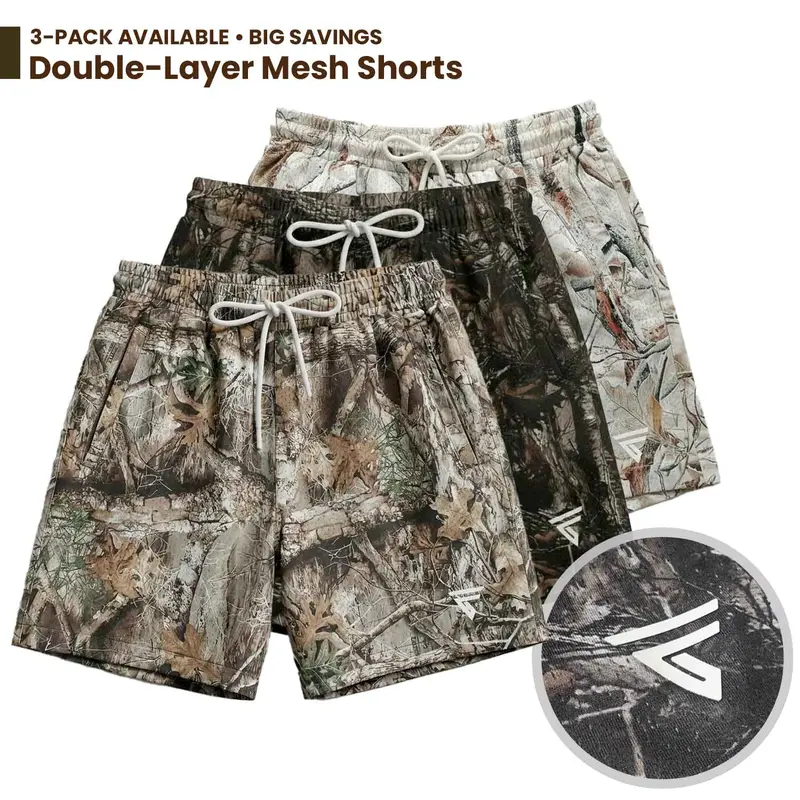 Men’s 5-in Double-Layer Camo Mesh Athletic Training Shorts (Pack of 3) - Quick Dry, Breathable, Zip Side Pockets, Back Pocket, Free Movement, Streetwear Style for Athletes, Outdoor Running, 5-Inch