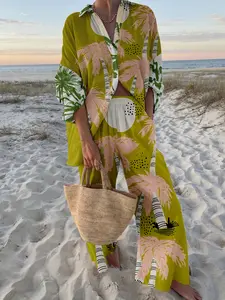 Women's Beach Vacation Style Boho Multi-Color Print Long Sleeve Shirt + Pants Set