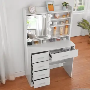 5 Drawers Dressing Dresser Makeup Table Vanity Set With LED Lighted Mirror Dimmable Lights For Bedroom