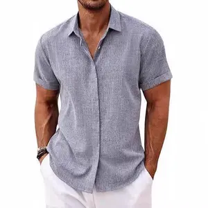 European and American Men's Linen Shirt Short-Sleeved Casual Button-Up Top for Beach Summer Vacation Menswear