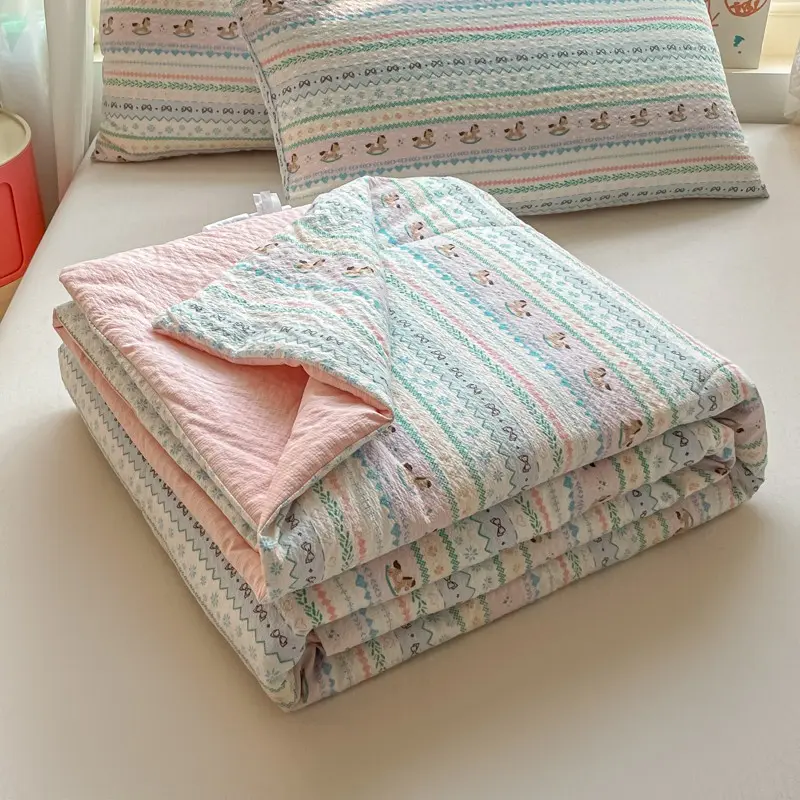 Blue Fair Isle Carousel Print Summer Lightweight Quilt in Bubble Gauze, Soft Lightweight Quilts, Lightweight Bedding, a soft, skin-friendly blanket, perfect for summer bedrooms, offices, living rooms, Printed Quilts