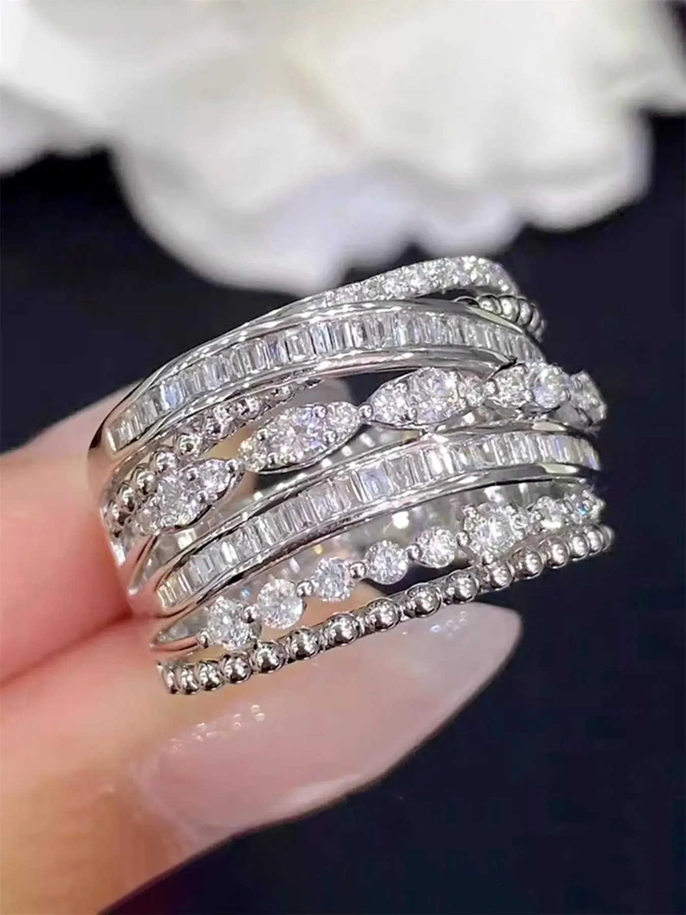 Elegant Rhinestone Decorated Ring, Cluster Ring, Fashion Layered Ring, Statement Multi Ring, Beautiful Rings, Glittering Ring for Women for Party, Daily Clothing Decor, All-match Jewelry for Birthday Gift