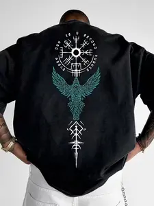 Viking Raven Graphic Oversized T Shirt Men, Menswear, Norse Mythology Back Print Tee, Dark Aesthetic Viking Symbol Streetwear, Oversized Loose Fit For Daily Wear, Street Style, Casual Outfits, Y2K Men Fashion #summeroutfits#vikingfashion