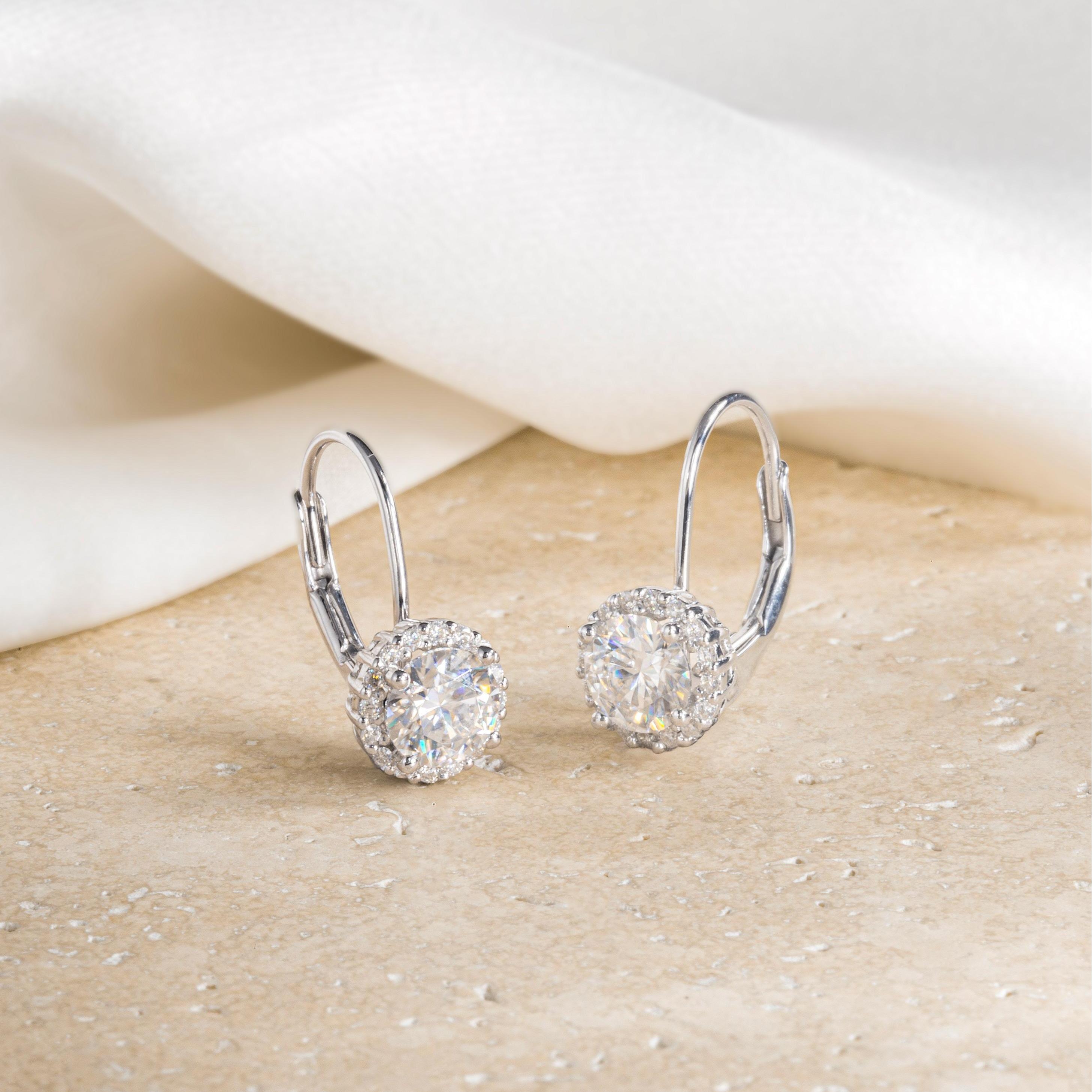 EIoways Sterling Silver Halo Drop Earrings Leverback Moissanite Earrings 1.35ct D Color VVS S925 Sterling Silver Moissanite Jewelry Perfect Birthday Mother’s Day Christmas Gift for Women Wedding