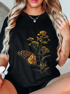100% Cotton Unisex Vintage Monarch Butterfly Goldenrod Flower Girl Plant Mom T-Shirt