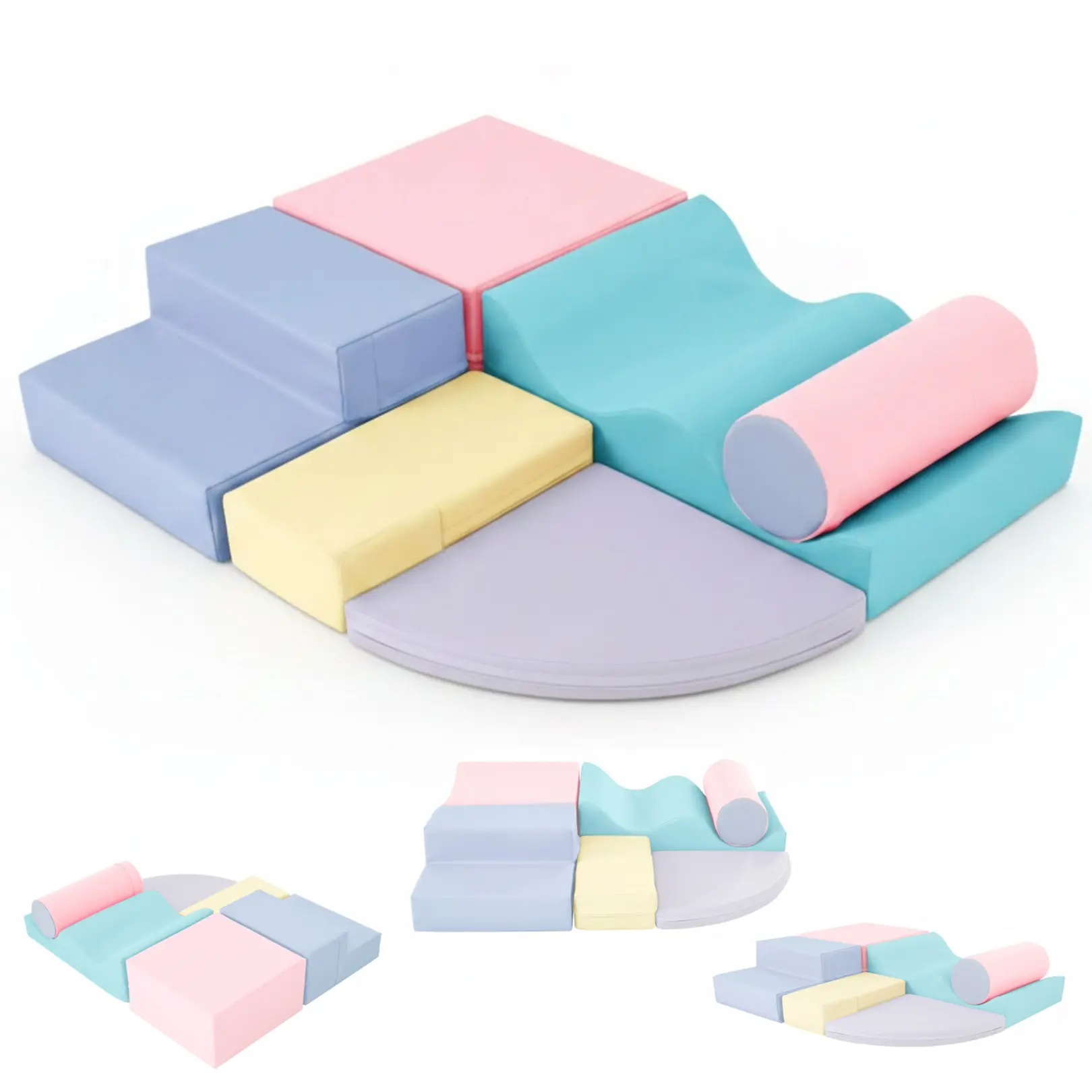 Unisex 6-in-1 Soft Foam Climbing Crawling Playset - Pastel Color Toddler Indoor Activity Blocks, Multi-Shape Soft Play Gym Equipment with Steps, Cylinders, Solid Structure, Baby Sensory Training Slide Toy for Ages 1-3, Birthdays, Stacking