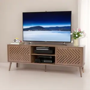 Mid-Century Modern TV Stand Brown Wood Console with 4 Compartments Cable Management for Up to 50-65 Inch TVs Living Room Entertainment Center with Sliding Doors Hollowed Out Design
