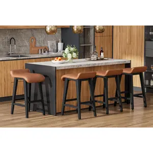 GAOMON 26.2" Solid Wood Bar Stools Set of 4, Counter Height Bar Stools with Wide PU Leather Upholstered Seat, Barstools Set for Kitchen Islands, Counter Bars, Brown