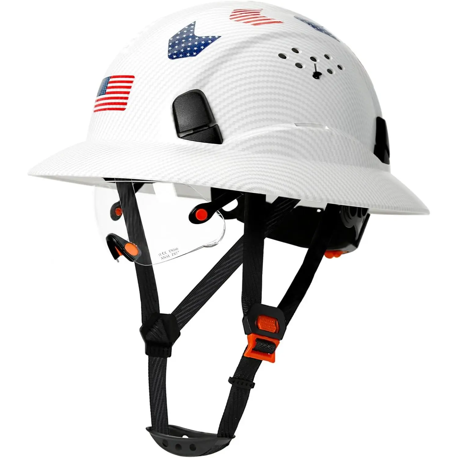 Carbon Fiber Pattern Full Brim Safety Helmet with Visor, Adjustable Vent, Reflective Design, Detachable Chin Strap, 6-Point Suspension - All Seasons Construction Work Protective Gear