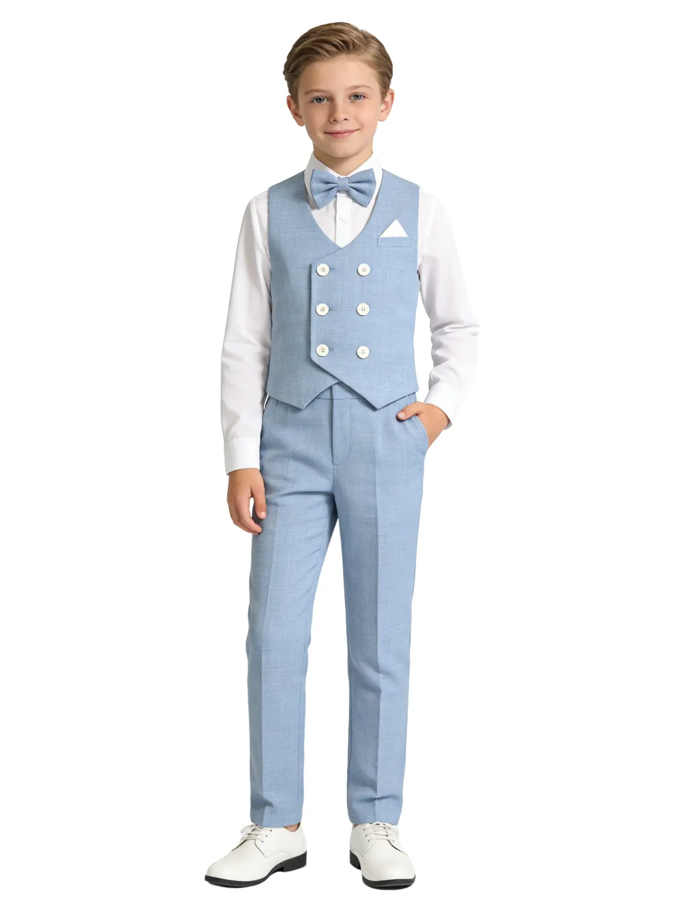 Boys 3-Piece Vest & Pants Set with Bow Tie 👔 | Blue/Grey | No Shirt Included | Perfect for Weddings 💍, Ring Bearer, Birthdays 🎂, Baptisms, Communions, Graduation, Pageants, Piano Recitals, Family Photoshoots & Summer Formal Events | Clothing Set