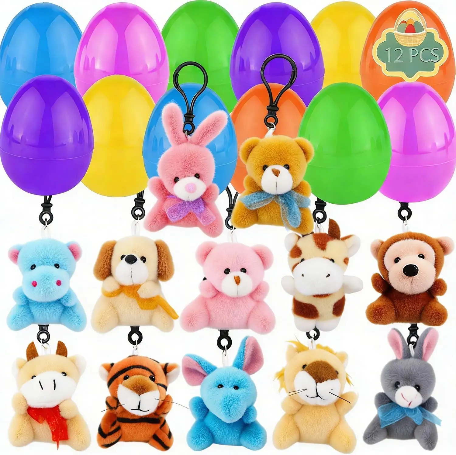 12-Pack Filled Plastic Easter Eggs with Mini Plush Animal Keychain Toys, Surprise Easter Basket Stuffers for Kids, Egg Hunt & Party Supplies