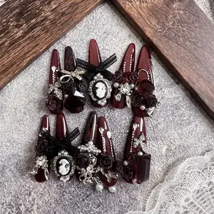 Dark Red Queen Burgundy Acrylic Luxury Handmade 4cm Press On Nail