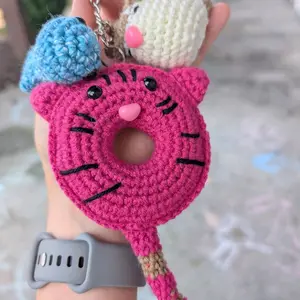 Crochet Keychain - Adorable Pink Cat Donut Design with Blue Pom Pom & Beige Tail - Crochet Donut Fish Cat Bag Charm