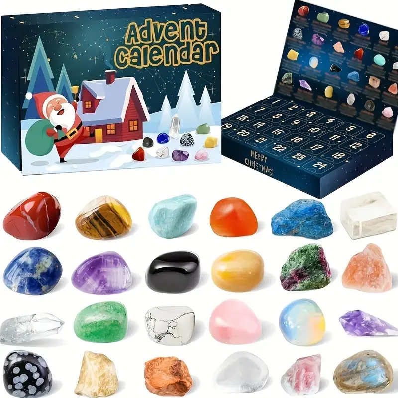 Christmas Countdown Advent Rock Calendar Box, Daily Open 24 Rocks, Complete Geology Rock Collection Set, Identification Chart Included, Ideal Science Gift