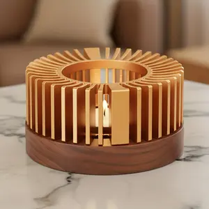 Teapot Warmer with Hollow Frame, Aluminum Alloy Tea Pot Heater with Detachable Wood Base for Heating Tea, Coffee, Milk, Food Indoors and Outdoors, Decoration