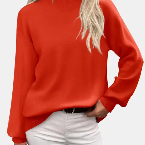 Zeagoo Women's 2025 High Neck Oversized Lantern Sleeve Rib Knitted Pullover Top - Cozy Soft Polyester-Nylon-Viscose-Rayon Knitwear, Loose Fit, Drop Shoulder, Floral Accents, XL, Casual Wear for Jeans Pairing