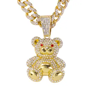 Iced Out Teddy Bear Pendant Necklace  12mm Heavy Cuban Link Chain 24" ️ Extra Shiny Simulated Diamond Hip Hop Jewelry  2.5 Inch Large Statement Piece - Gold/Silver Plated Alloy Hipster Accessories