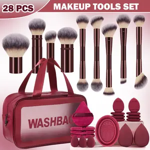 28pcs Face Makeup Tool Set, 9pcs Makeup Brushes & Toiletry Bag & 2pcs Large Makeup Sponges & 4pcs Fan-Shaped Sponges & 3pcs Mini Makeup Sponges & 8pcs Thumb Sponges & Brush Cleaning Bowl