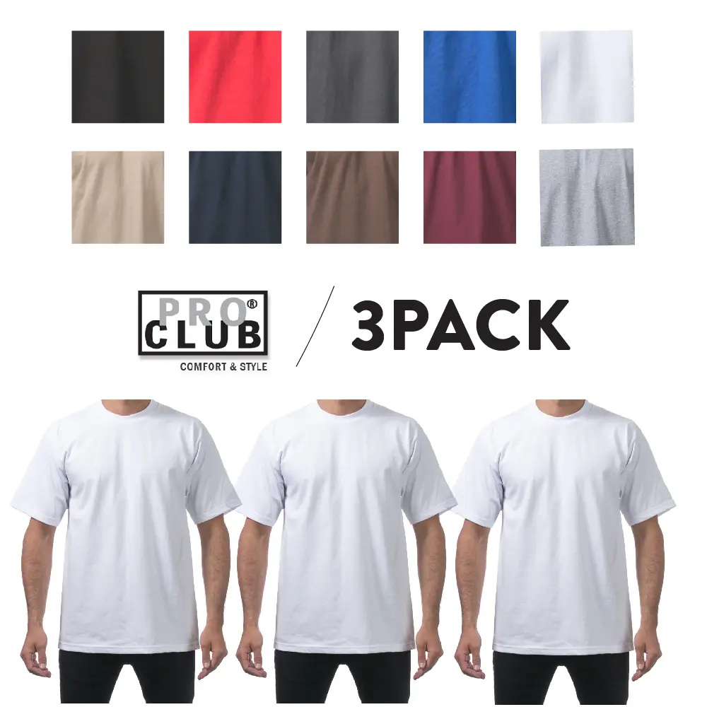 3 Pack PROCLUB Men's Heavyweight Short Sleeve T Shirts PRO CLUB Crewneck T Shirt Casual Cotton Tee Plain Shirts Classic Collar Original (S to 5XLT)