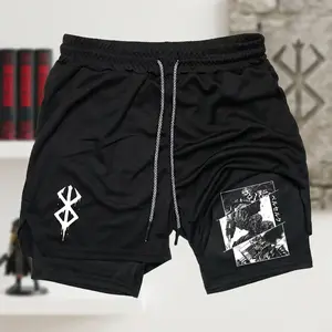 Casual Essential Shorts Men Double Layered Black Cursed Mark Sweatpants Slim Fit Compression Training