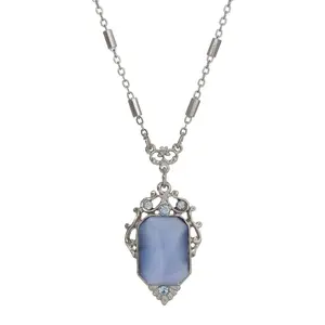 Jazzy Filigree Blue Octagon Moonstone & Crystal Pendant Necklace 16" + 3" Extension