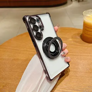 Gorgeous Phone case for Samsung S24 Ultra with 360° Rotatable Diamond-Embedded Magnetic Metal Ring Stand - Superior Protection, Sleek Design, Premium Materials, Perfect Fit - Available in Black, Purple, Blue, and Silver for Style and Durability