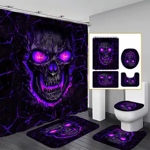 4 PCs Purple Fire Skull Curtain Shower Curtain Decoration, Beautiful Housewarming Gift Modern Home Decoration, Waterproof Shower Curtain and Toilet Floor Mat Three-Piece Set with 12 One Shower Curtain Hooks