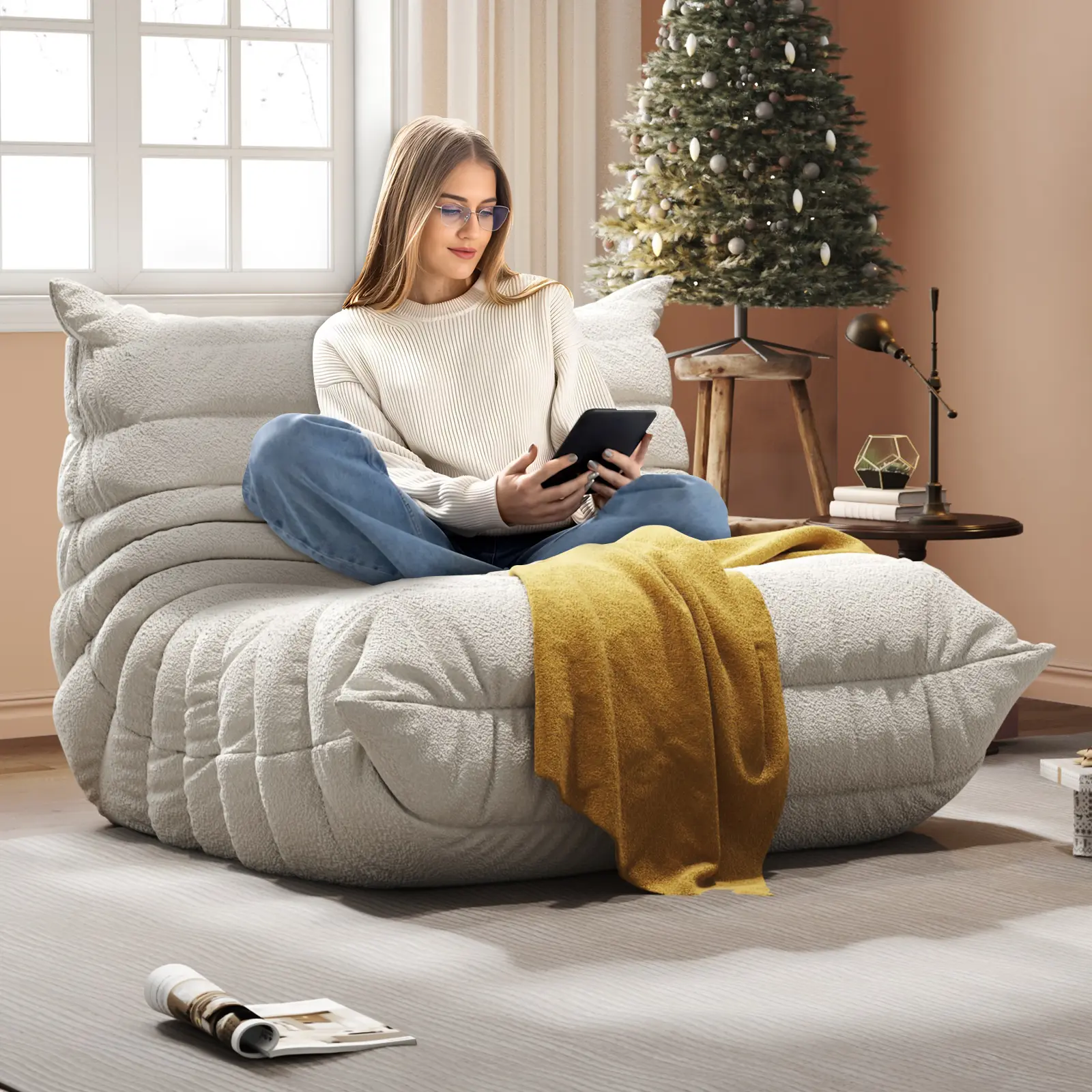 L-Shaped Lazy Sofa Bean Bag Chair - Teddy Fleece Fabric, High Resilience Memory Foam, Indoor Living Room Furniture, L Shaped Sofa