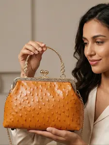 Women's Ostrich Texture Leather kiss lock  Handbag, Detachable Metal Strap, Spring Summer Small Crossbody Bag, Phone Lipstick Wallet Key Holder