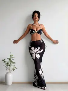 Women's Underwired 3-Piece Floral Swim Set, Nylon Swimsuit with Sheer Maxi Skirt & Floral Bikini Bottom, Ideal for Summer Beach Use, Swim Sets For Women