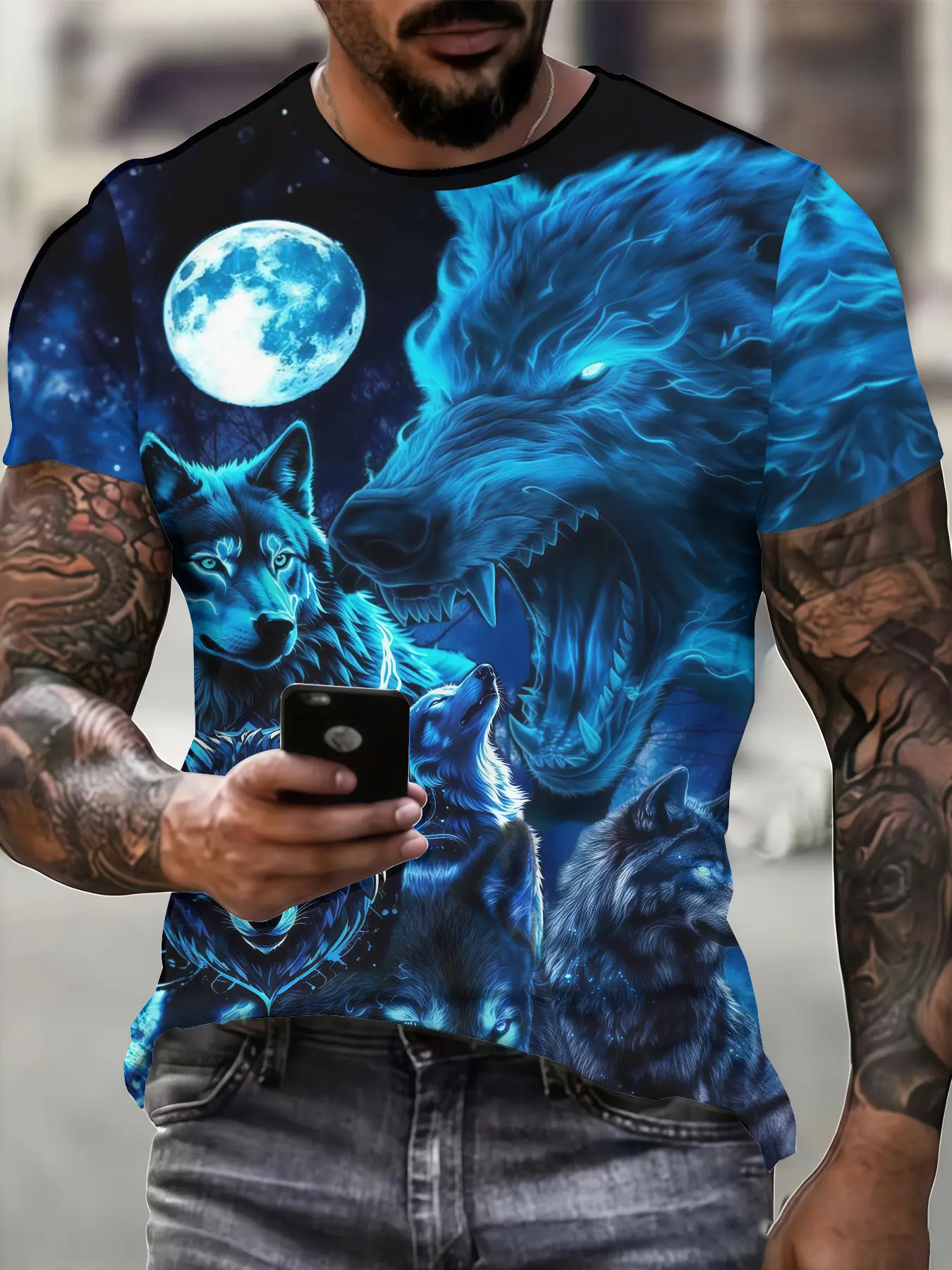 Men's 3D Wolf Print Polyester Short-Sleeve Crew Neck T-Shirt, Casual Activewear for Gym, Outdoor Activities, Fabric