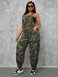 Women's Sleeveless Camo Print Overalls Jumpsuit Strap, Casual Comfy Denim Overalls for Daily Wear, Ladies Clothes for All Seasons, Camouflage