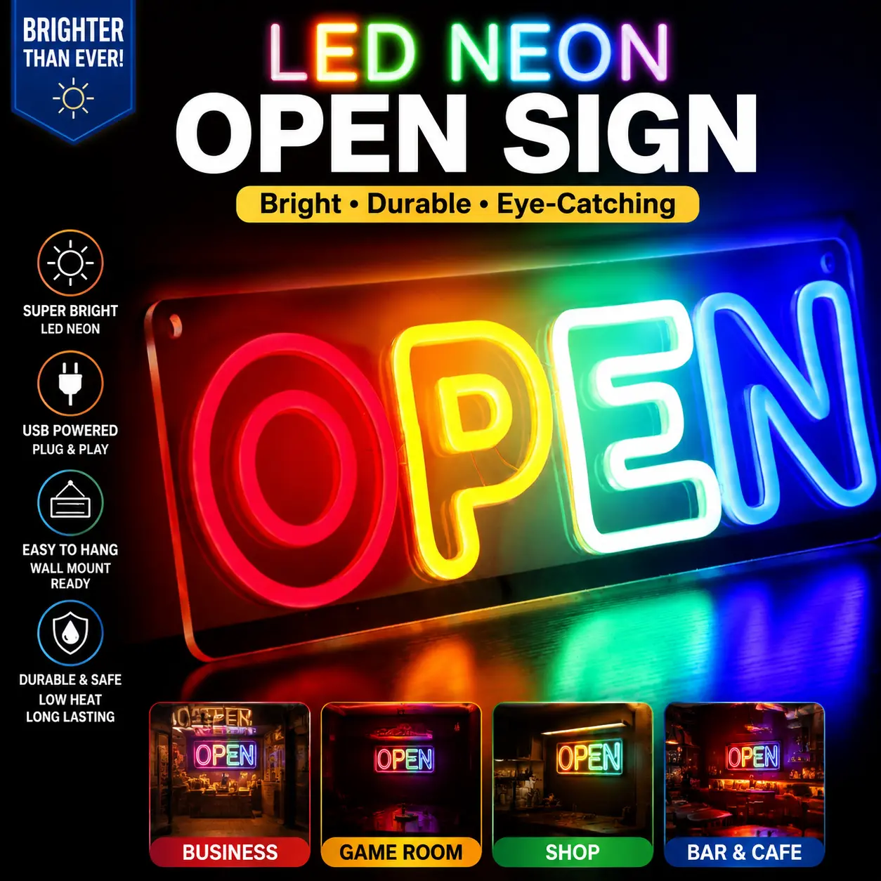 "In Business" Plastic LED Decorative Neon Light - Battery/USB-DC Power Supply, Contemporary Room Decor with USB Plug Extension Cable, Atmosphere Lighting, Window-Ready Glow for Commercial Windows