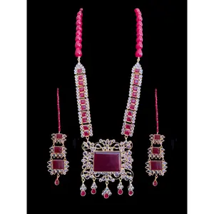 LN27 Farshi kundan long statement necklace set - Red ( READY TO SHIP  )