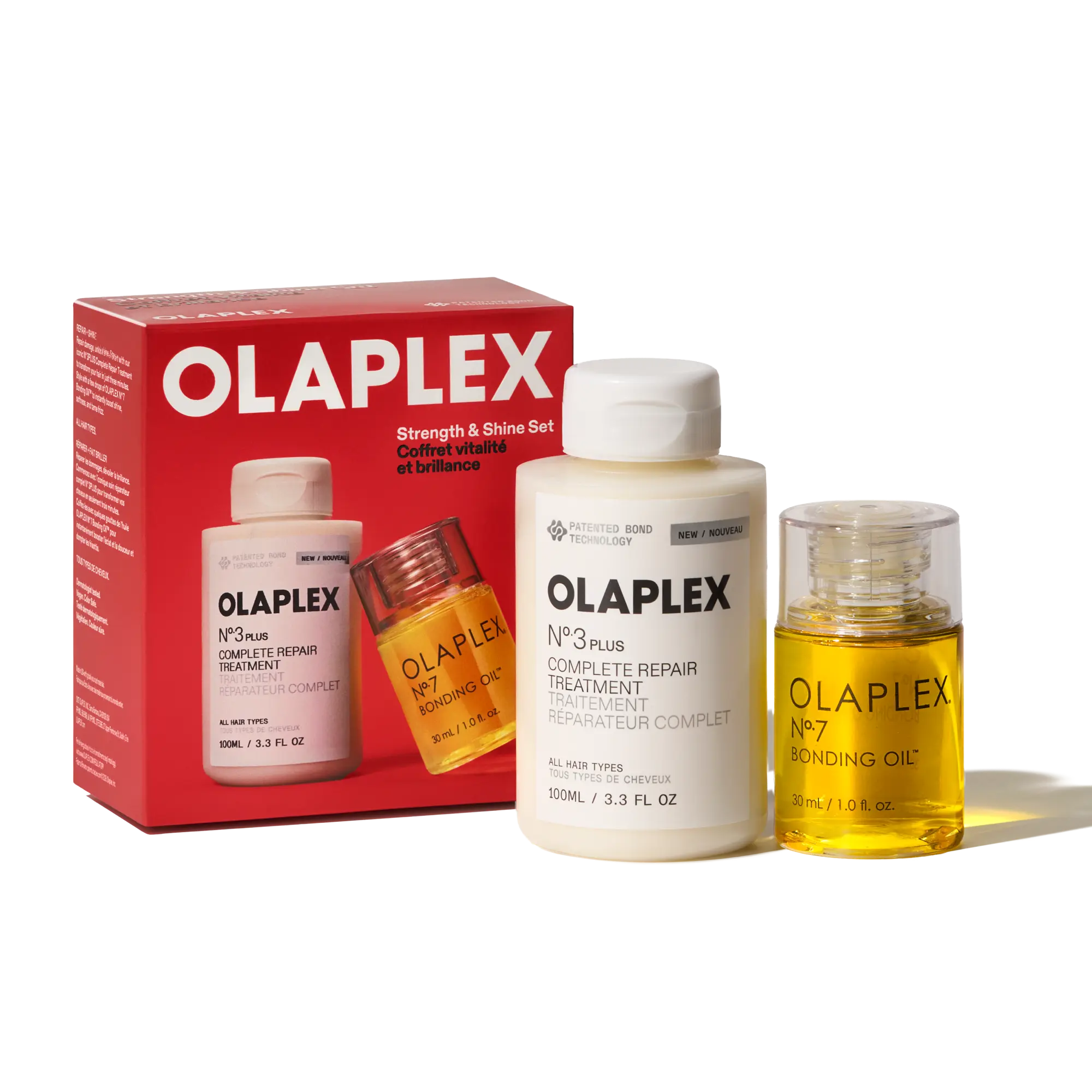 OLAPLEX - STRENGTH & SHINE SET - A pre-shampoo treatment to repair damage, and a weightless hair oil to add instant shine, and protect from heat damage.