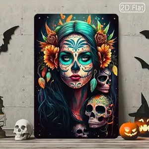 Day of the Dead Sugar Skull Metal Sign, Vibrant Cultural Wall Decor for Halloween Indoor Outdoor Home Decoration, Wall Art Decoration