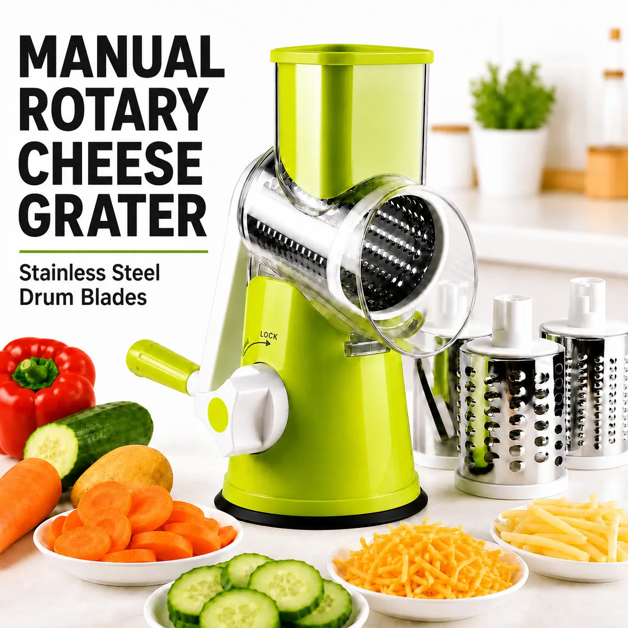 MIUVA Food Slicer Funky Kitchen Supplies Manual Rotary Cheese Grater and Vegetable Slicer with Stainless Steel Drum Blades Hand Crank Shredder for Salad Meal Prep and Home Kitchen Use