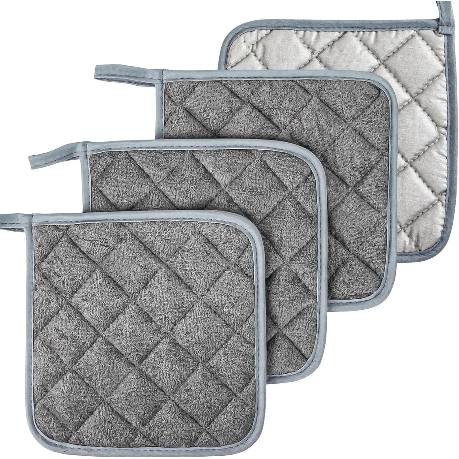 Pot Holders for Kitchen - 4 count Cotton Pot Holder Set Hot Pads for Kitchen and Dining Essentials Decor and Accessories Gray 7 Inch Terry Cloth for Oven Cooking Baking Pans