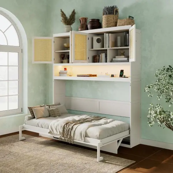 Queen Size Wood-Framed Murphy Wall-Mount Bed Frame with Built-in Desk, Rattan Cabinet Doors, LED Lighting, USB Charging Station & Illuminated Design for Home Office, Guest Room, Illuminated Bed Frames, Wood-Framed Bed Frames