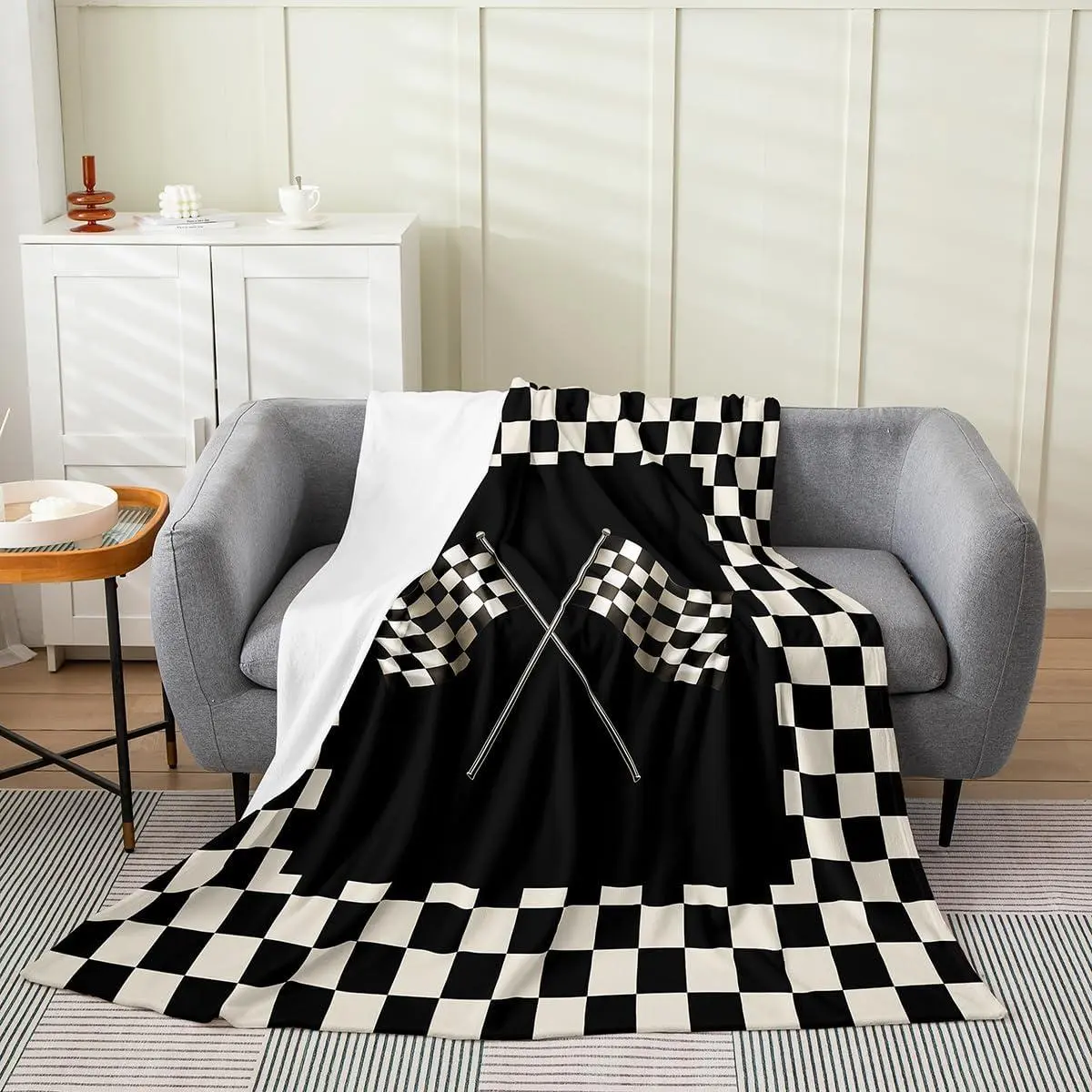 Checkered Flag Flannel Blanket Black and White Fleece Throw Blanket Lightweight Soft Cozy Luxury Racing Theme Fuzzy Blanket Geometric Grid Bed Blanket for Sofa Bedroom All Season(Baby )