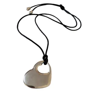 Versatile Hollow Heart Pendant Necklace Black PU Rope Clavicle Chain