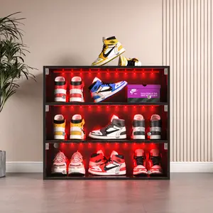 Shoe Storage Box with LED Light, Modern Shoe Organizer Wooden Shoe Cabinet with Flip Glass Doors, Shoe Storage Cabinet with RGB Lights, LED Shoe Rack Suitable for Collection of Shoes (Red, 3-Layer)