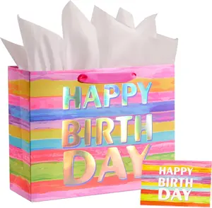 Large Happy Birthday Gift Bag with Tissue Paper & Card, 13 x 10.2 x 4.7 Inches Premium Paper Bag for Birthday, Kids', Women's & Mother's Gifts