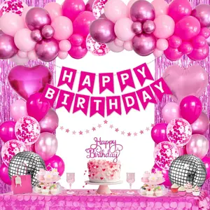 Pink Birthday Party Decorations for Women Girls with Happy Birthday Banner Paper Pompoms Fringe Backdrop Star garland Hot Pink Balloons Princess Décor