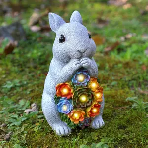 Easter Solar Garden Outdoor Statues, Bunny Statue with Succulent,  Figurine Garden Lawn Ornaments with 8 LED Lights,  Statue for Easter Outdoor Lawn Yard Garden Decorations