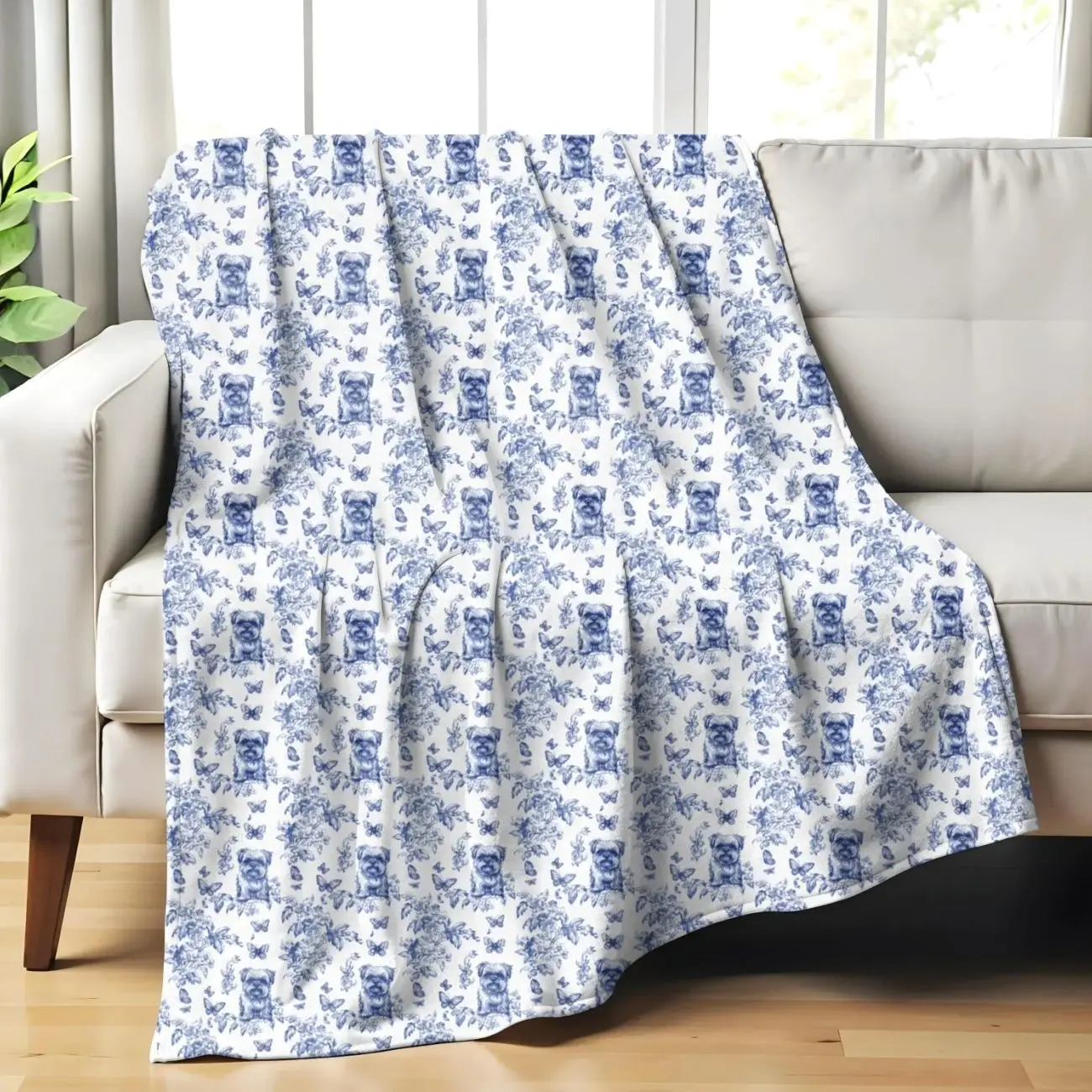 Brussels Griffon Blue Toile Blanket, Cozy French Toile Blanket for Brussels Griffon Lovers, Dog Chinoiserie Elegant French Country Bedding