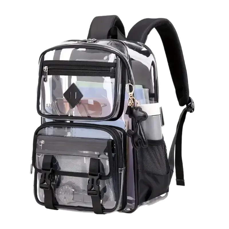 Clear Backpack for School & Work - Stylish Black Transparent Bookbag with Laptop Compartment, Waterproof PVC, Ideal for Security Checks & Daily Use Visibility