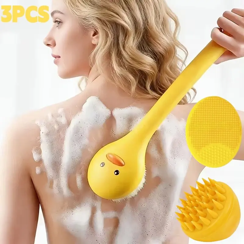 Cleaning three piece set: shower brush, hair wash massage brush, facial cleaning brush, cute long handled brush, soft bristled back exfoliating brush, Bath Exfoliating Bundle, Bathroom Accessory Sets. Deep facial cleansing, scalp massage, safe and durable